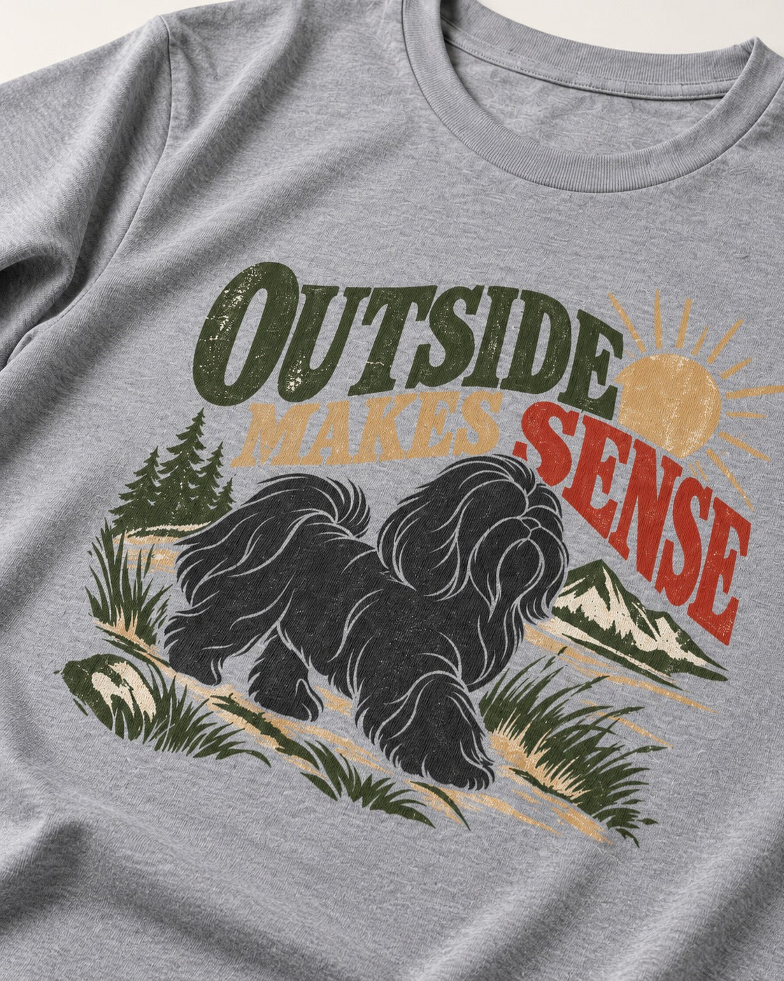 Shih Tzu Outside Makes Sense Mountain Trail Graphic T-Shirt in Sport Grey, close-up of the graphic