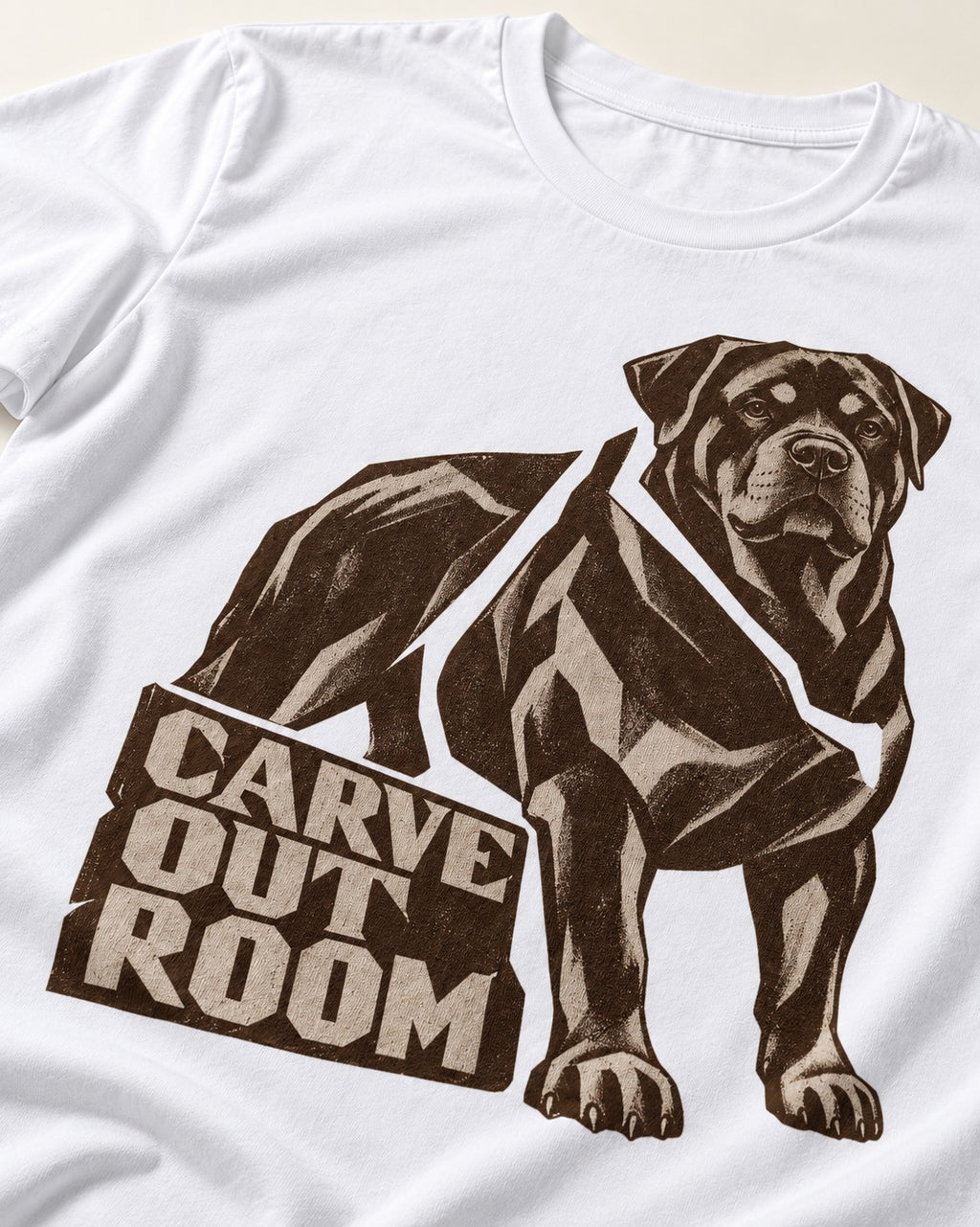Carve Out Room for Rottweiler T-Shirt in White, close-up of the graphic