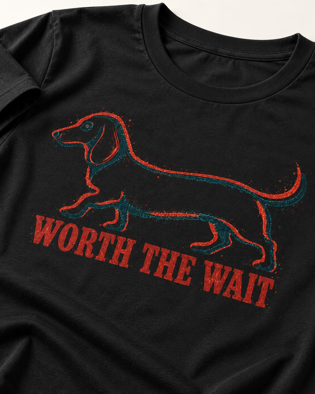 Dachshund Worth The Wait Distressed Outline Graphic T-Shirt in Black, close-up of the graphic