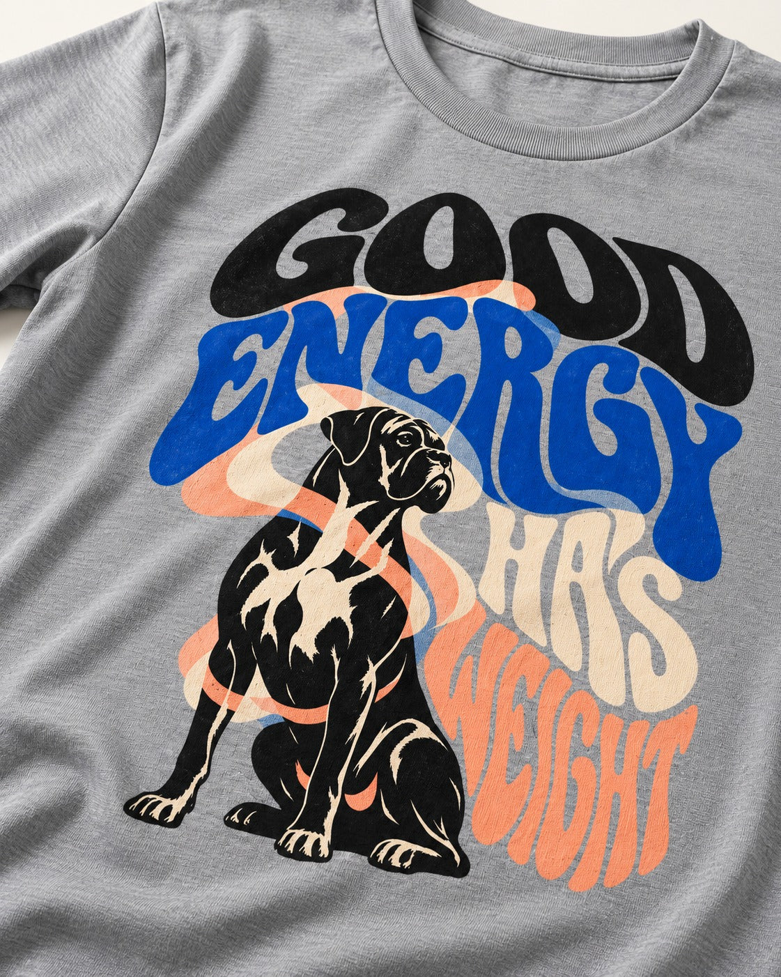 Good Energy Has Weight Boxer Retro Typography T-Shirt in Sport Grey, close-up of the graphic