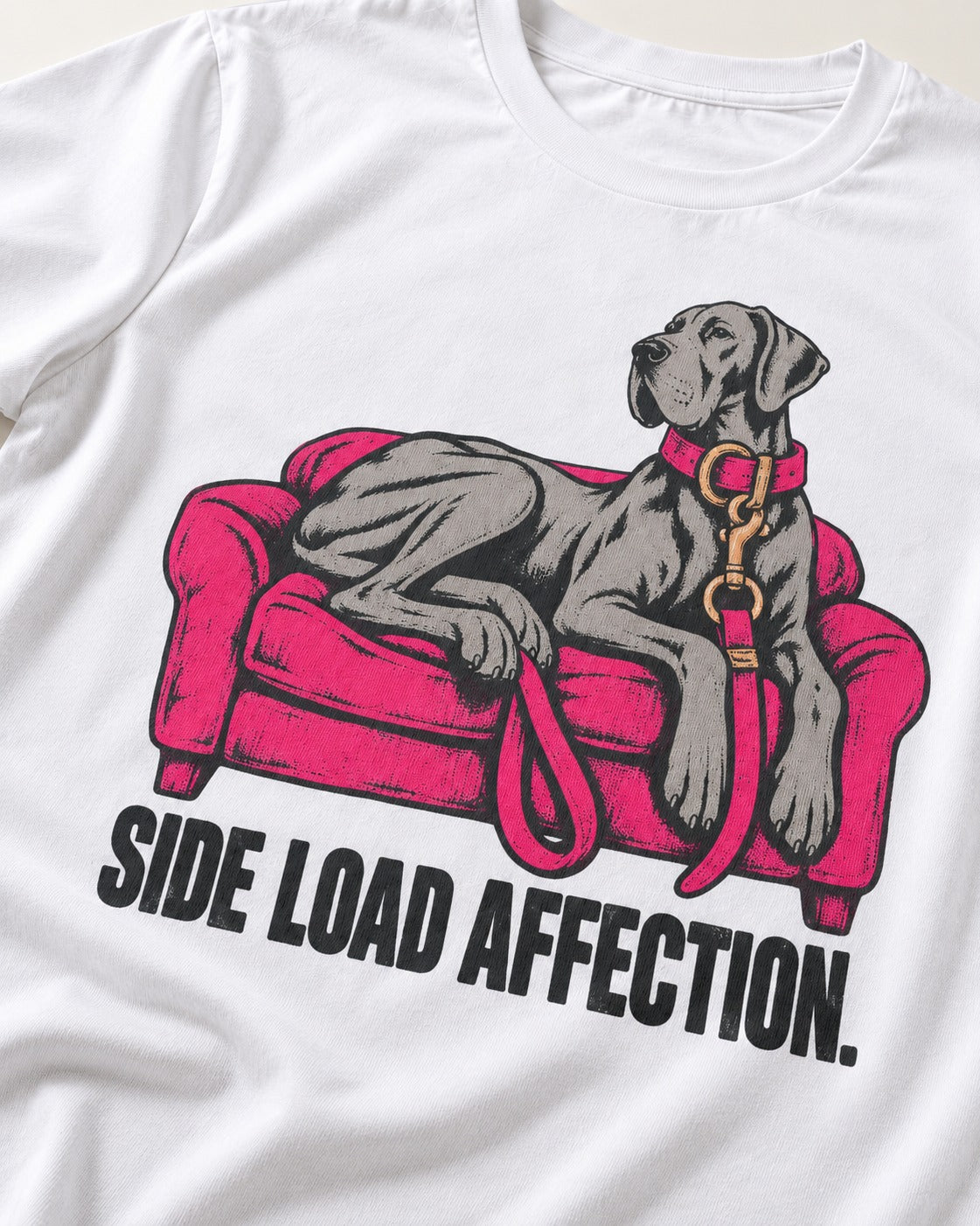 Great Dane Side Load Affection T-Shirt in White, close-up of the graphic