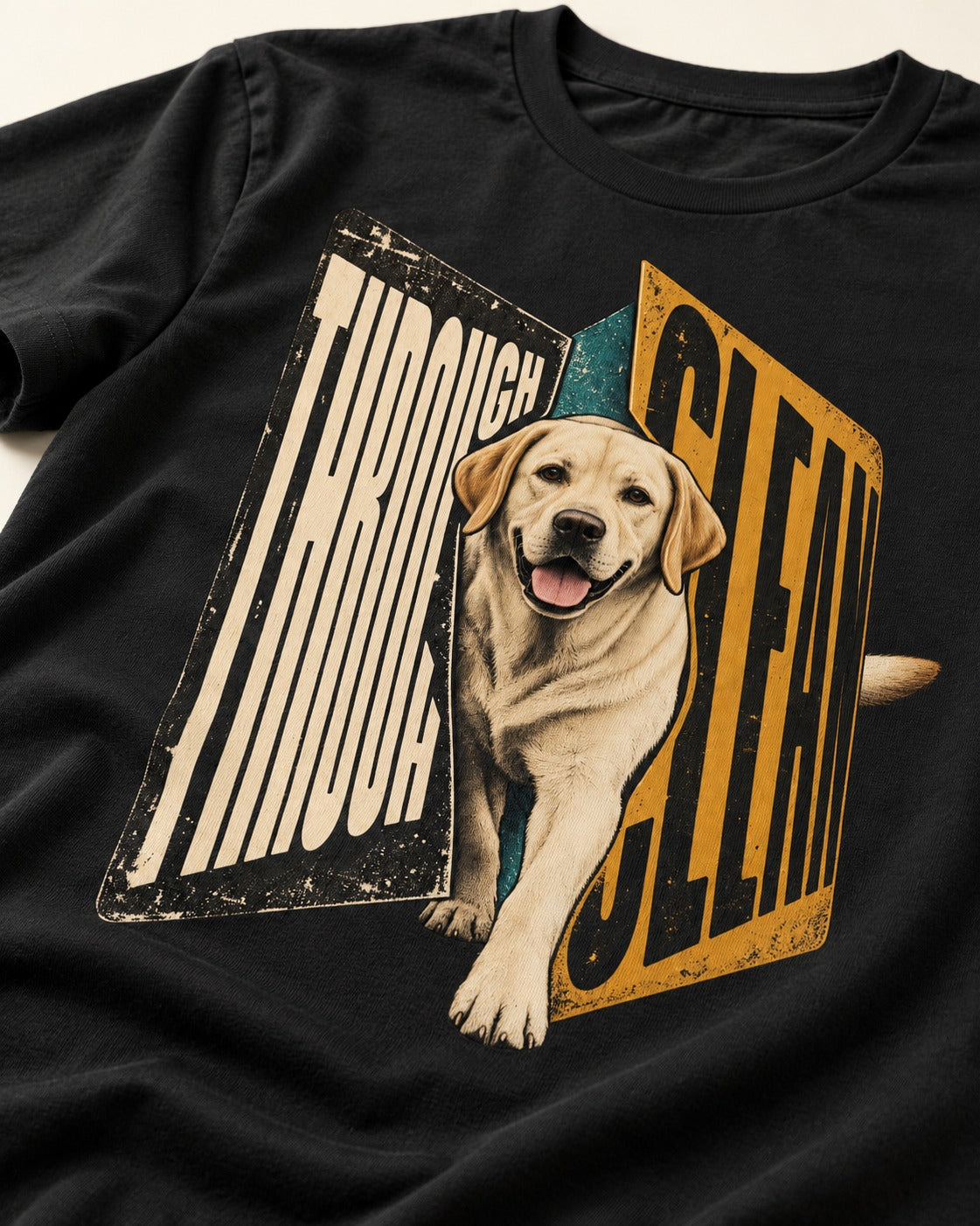 Labrador Retriever Through Steel Split Sign Graphic T-Shirt in Black, close-up of the graphic