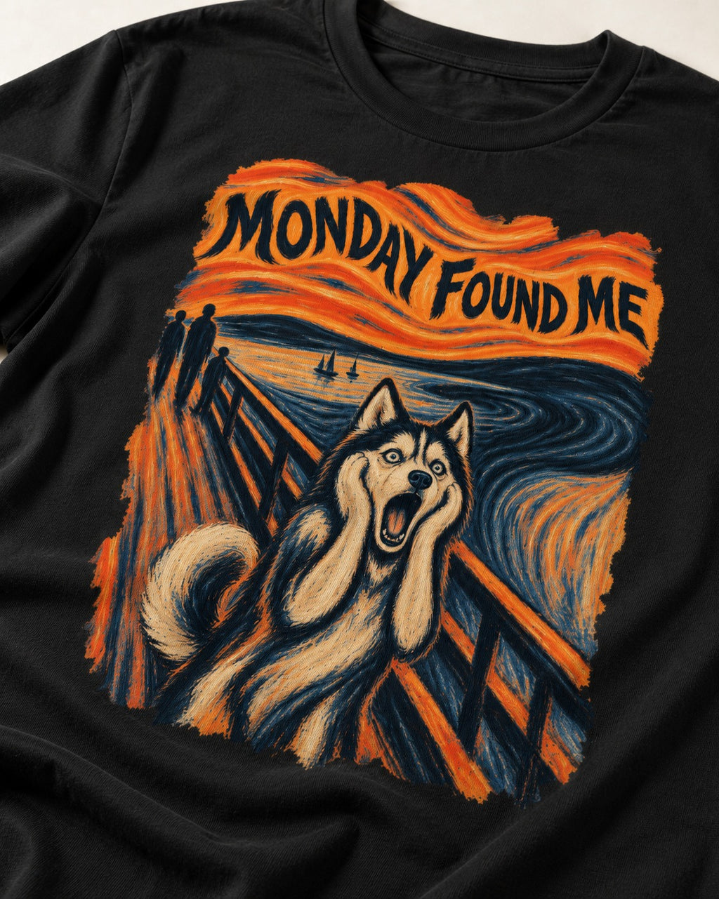 Husky Monday Found Me Scream Parody Graphic T-Shirt in Black, close-up of the graphic