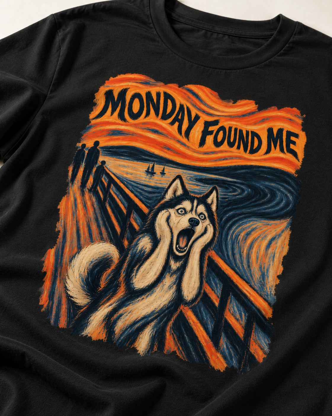 Husky Monday Found Me Scream Parody Graphic T-Shirt in Black, close-up of the graphic