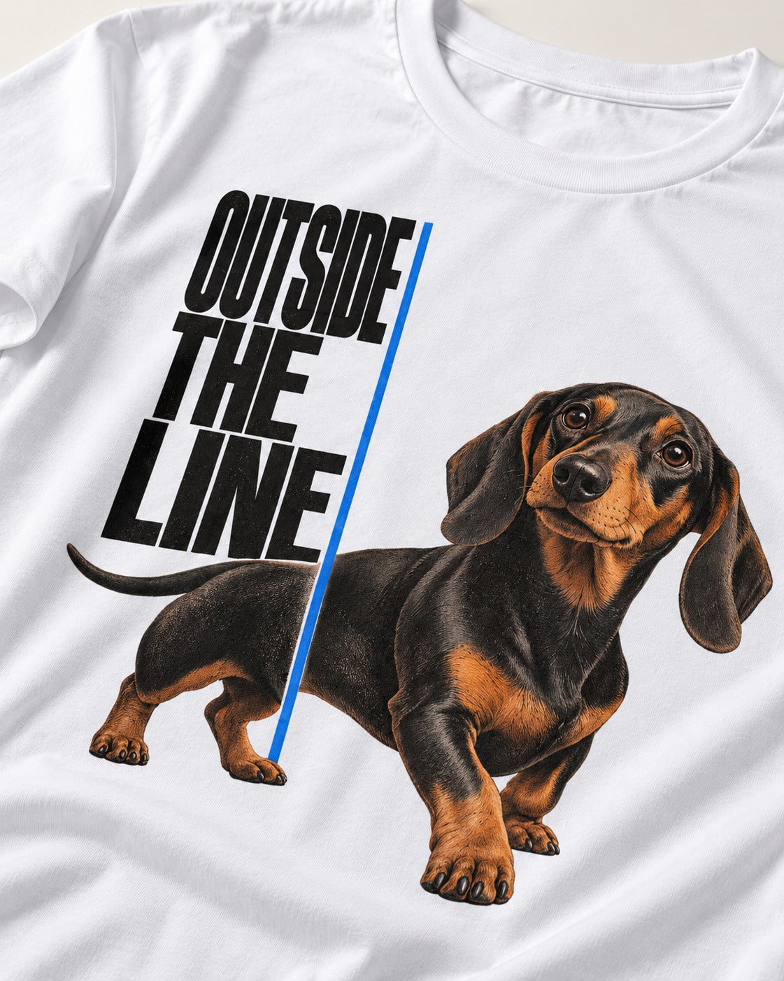 Dachshund Outside the Line T-Shirt in White, close-up of the graphic