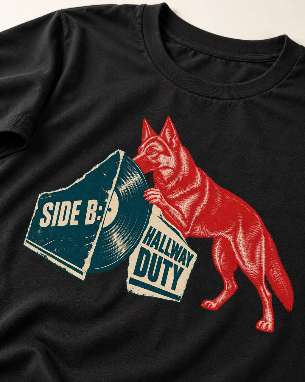 Side B Hallway Duty Vinyl Record German Shepherd Dog Graphic T-Shirt in Black, close-up of the graphic
