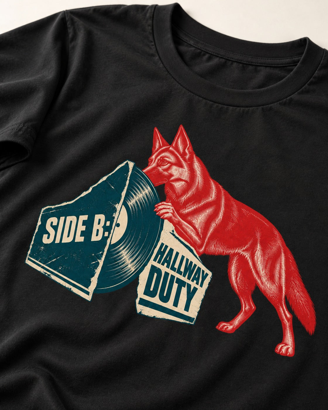 Side B Hallway Duty Vinyl Record German Shepherd Dog Graphic T-Shirt in Black, close-up of the graphic