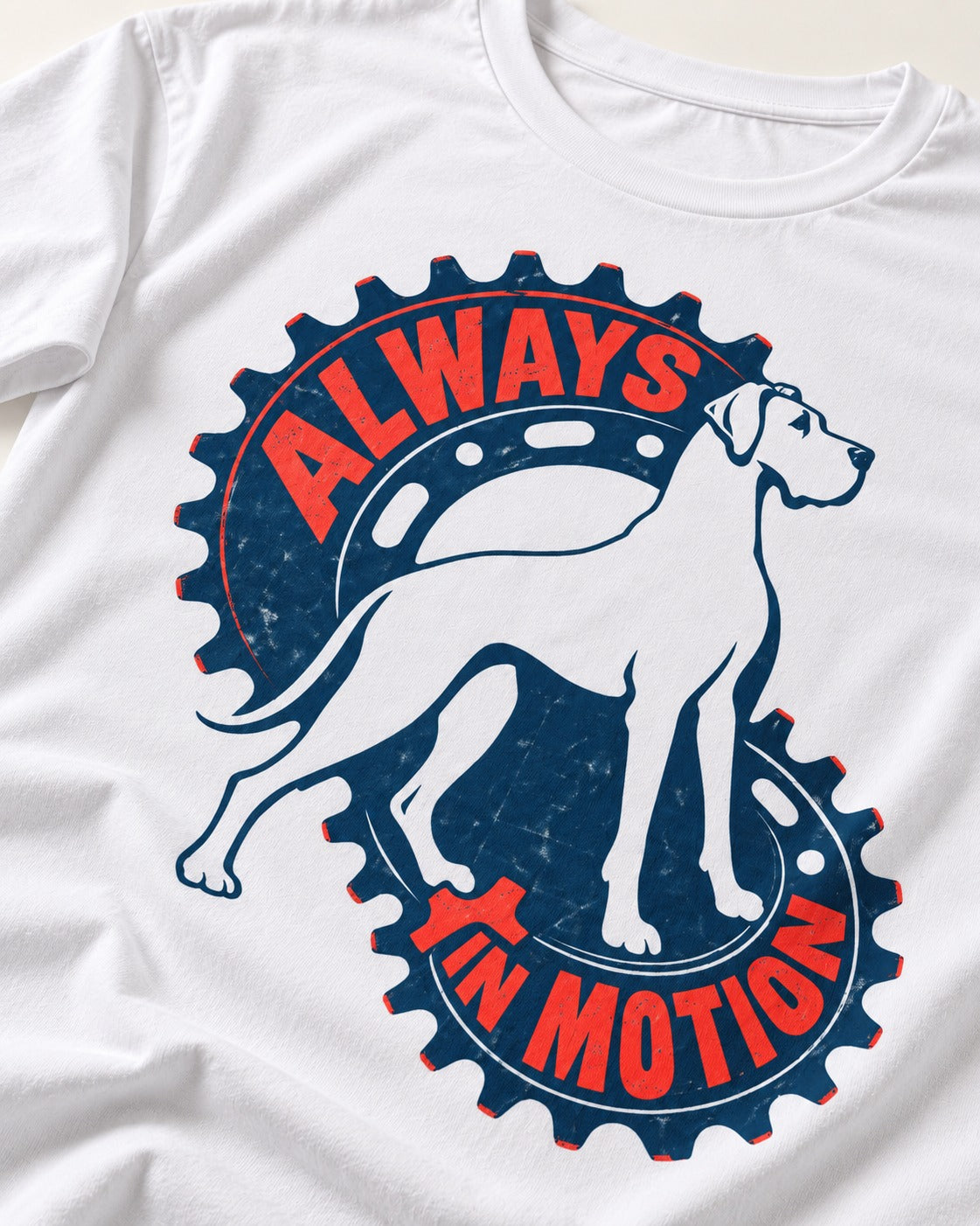 Great Dane Always in Motion T-Shirt in White, close-up of the graphic