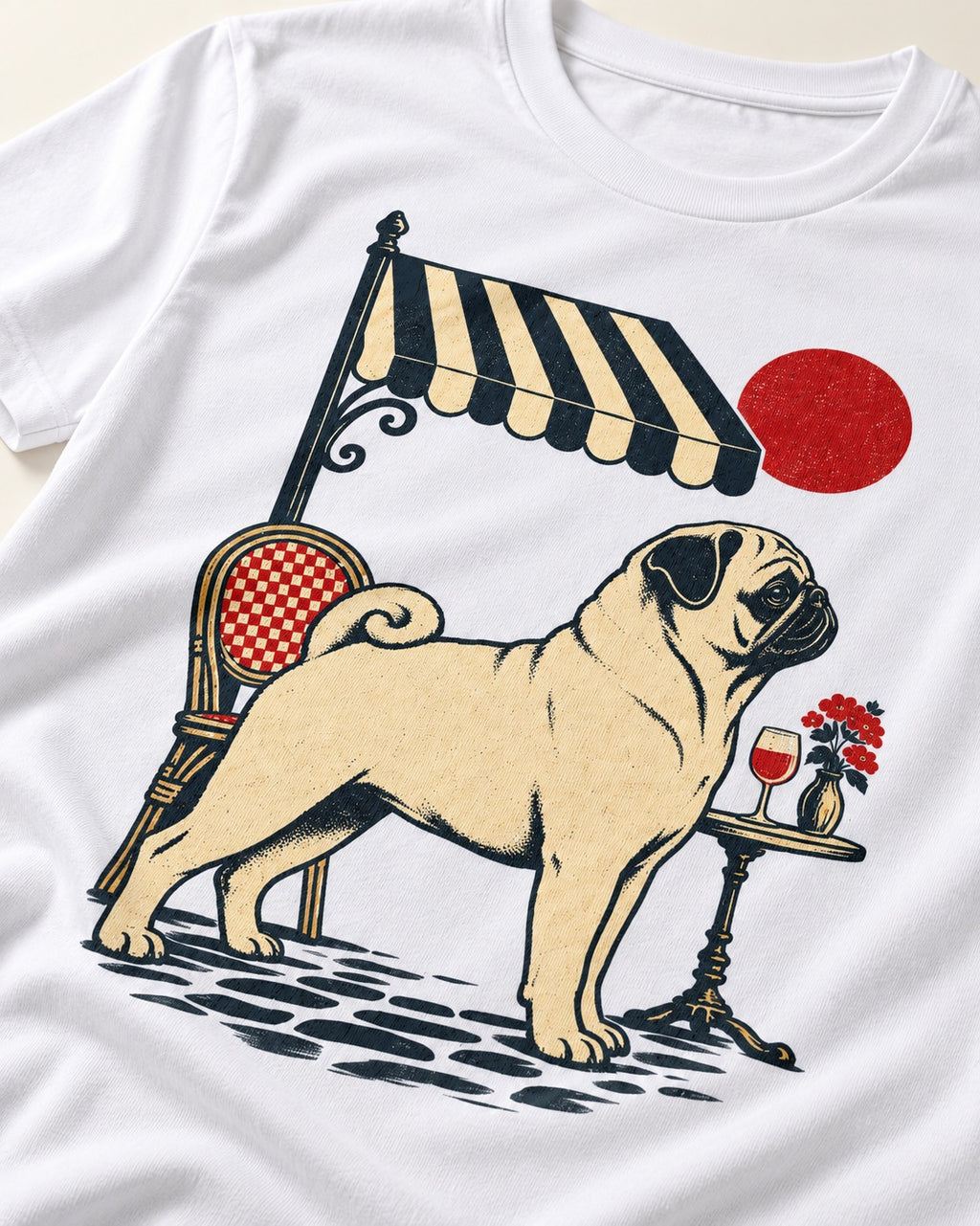 Pug Joie De Vivre T-Shirt in White, close-up of the graphic