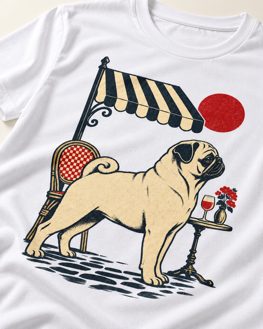 Pug Joie De Vivre T-Shirt in White, close-up of the graphic