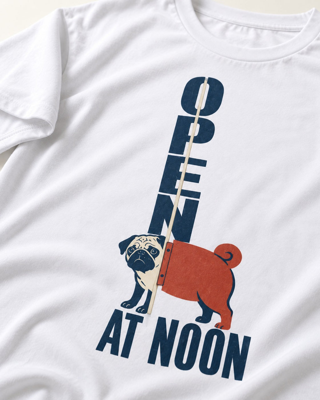 Pug Open at Noon T-Shirt in White, close-up of the graphic