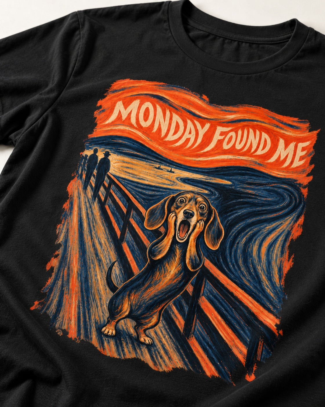 Dachshund Monday Found Me Scream Poster T-Shirt in Black, close-up of the graphic