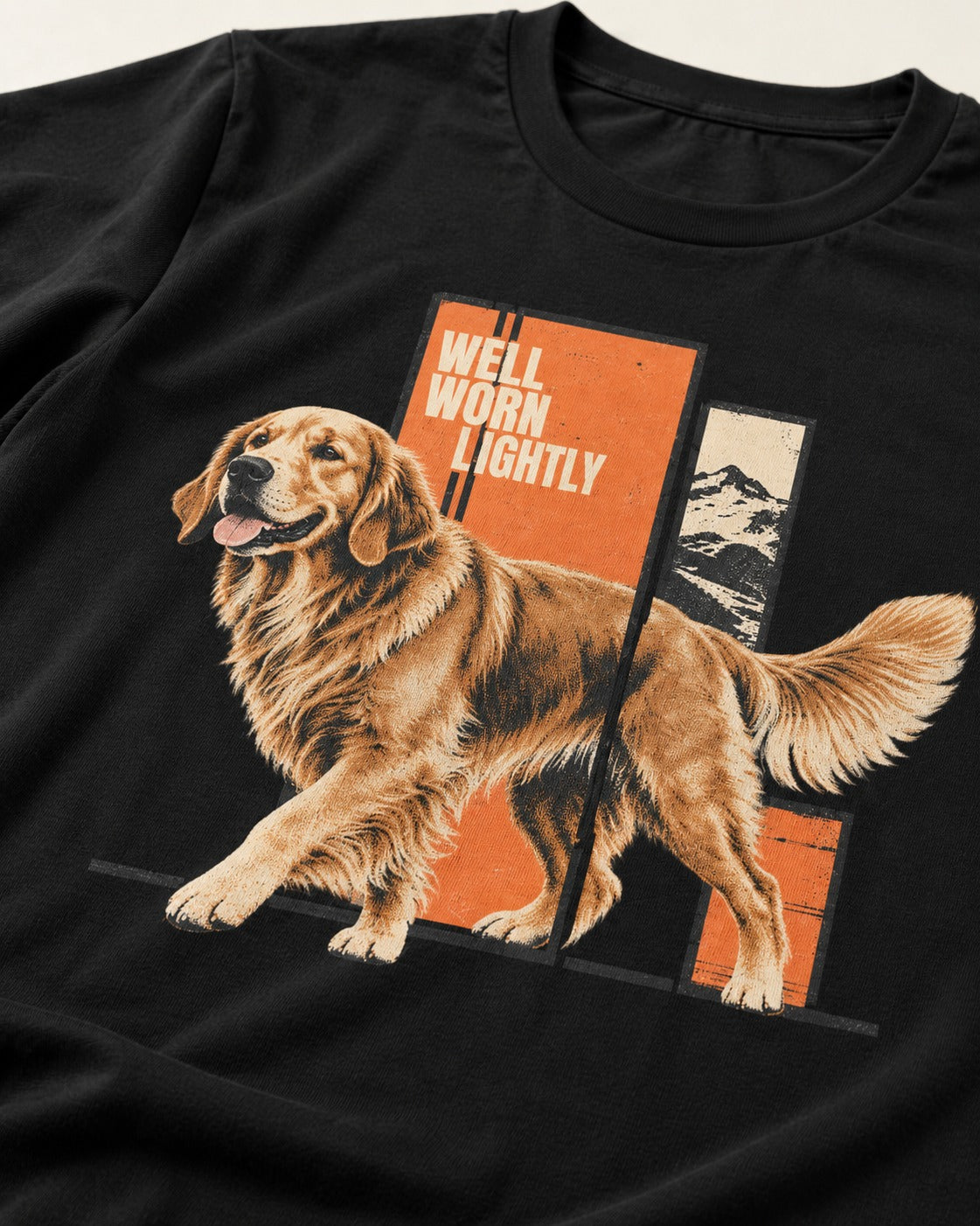 Golden Retriever Well Worn Lightly Mountain Graphic T-Shirt in Black, close-up of the graphic