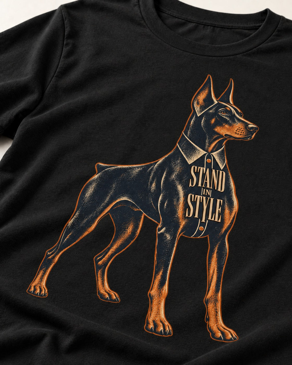 Doberman Stand in Style Suit Graphic T-Shirt in Black, close-up of the graphic