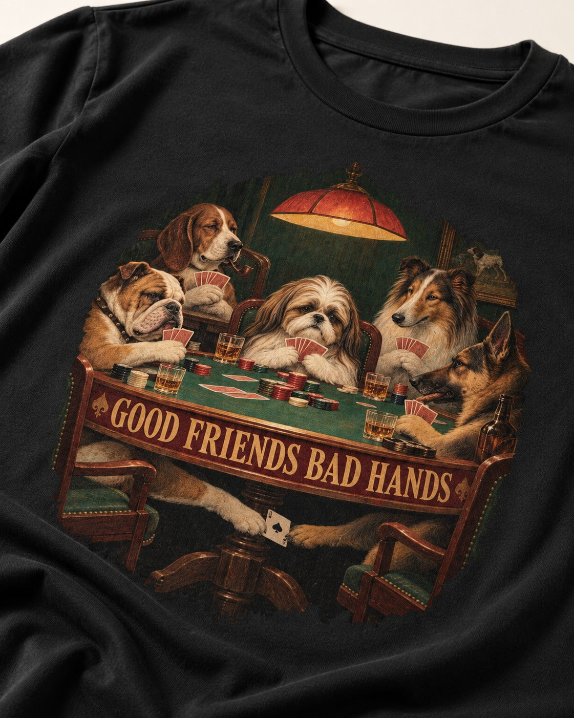 Shih Tzu Good Friends Bad Hands Poker Night Graphic T-Shirt in Black, close-up of the graphic