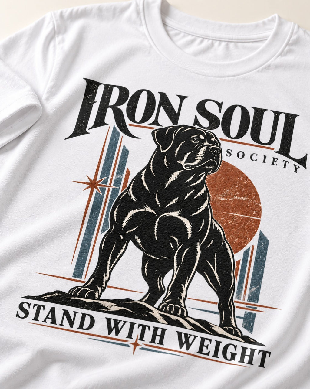 Rottweiler Iron Soul Society T-Shirt in White, close-up of the graphic
