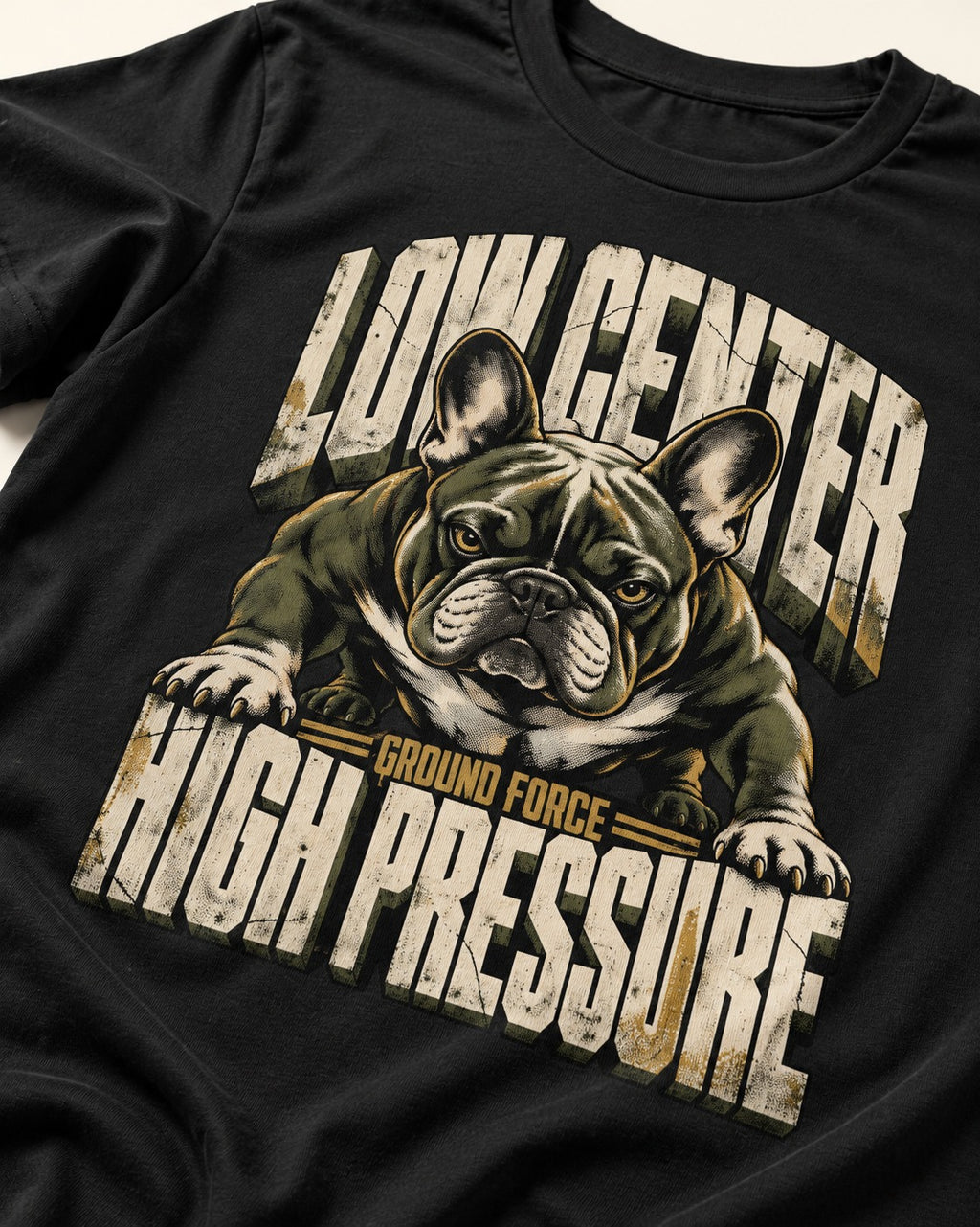Frenchie Low Center High Pressure Graphic T-Shirt in Black, close-up of the graphic