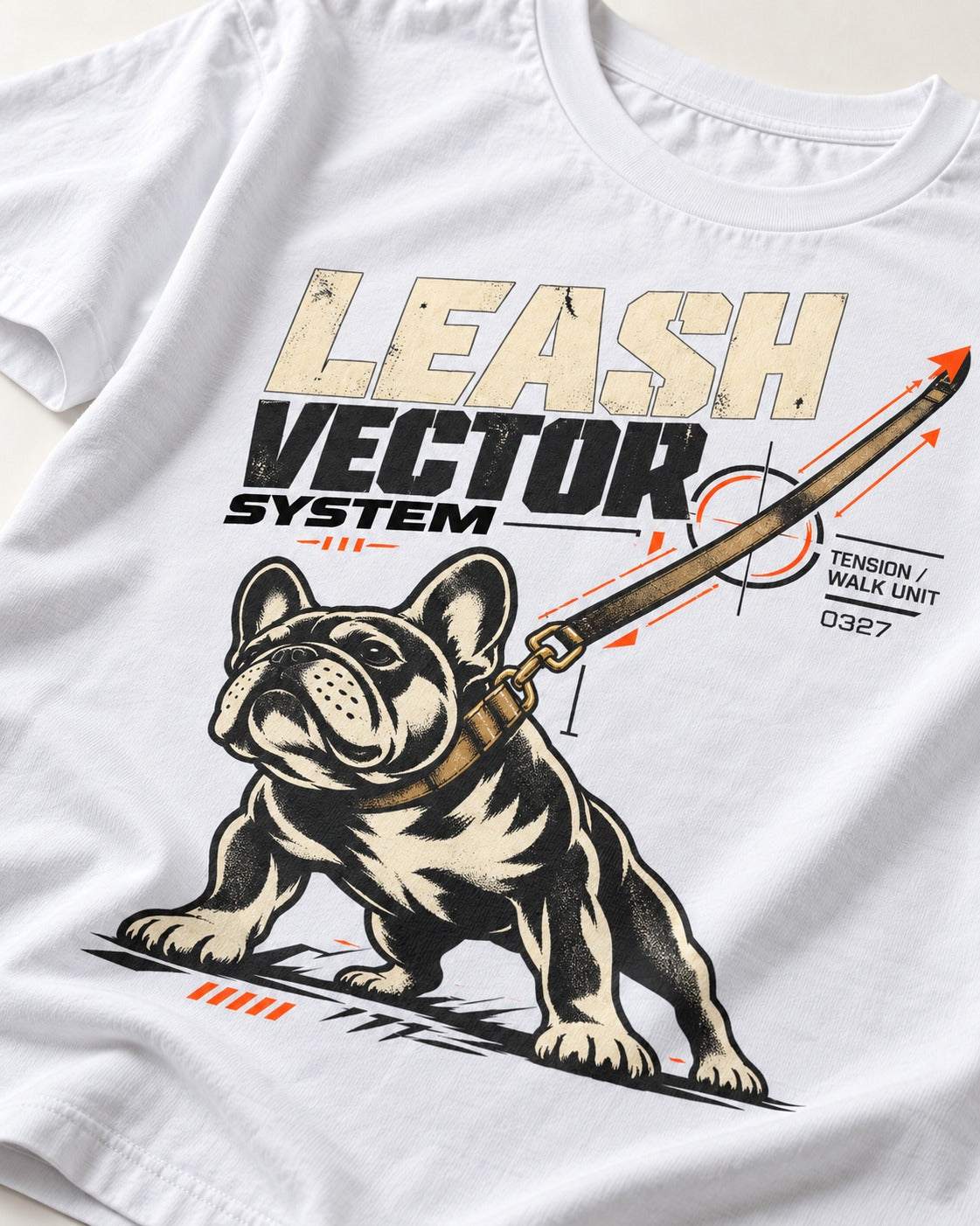 Frenchie Leash Vector T-Shirt in White, close-up of the graphic