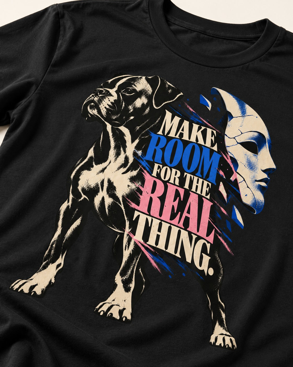 Make Room for the Real Thing Boxer Broken Mask Graphic T-Shirt in Black, close-up of the graphic