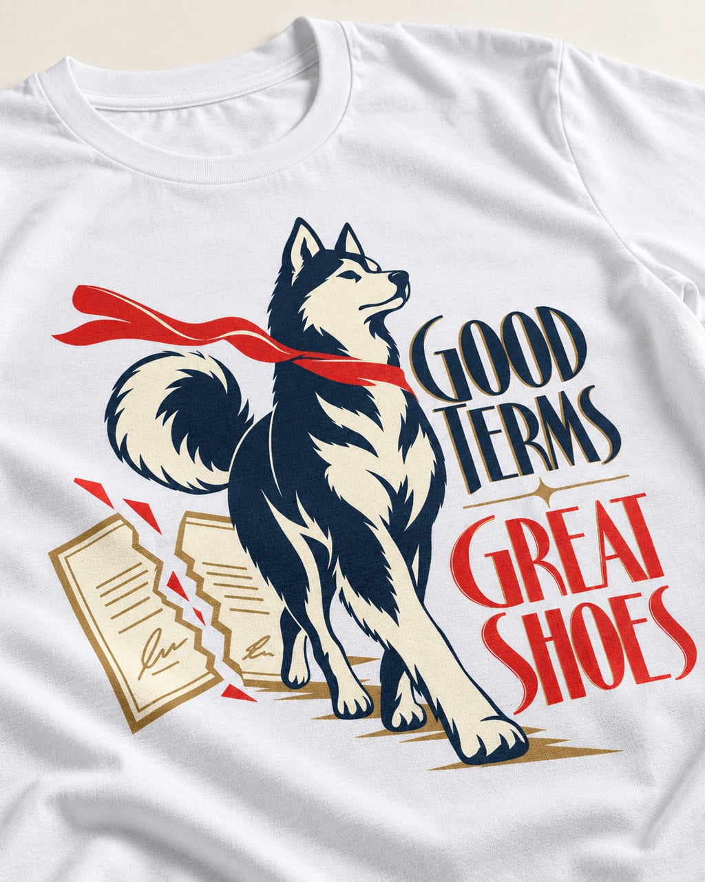 Husky Good Terms Great Shoes T-Shirt in White, close-up of the graphic
