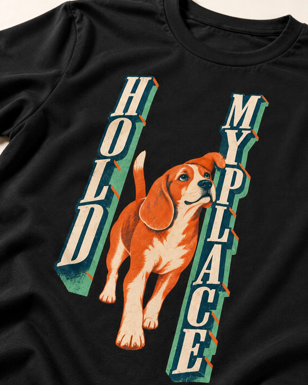 Vintage Beagle Hold My Place T-Shirt in Black, close-up of the graphic