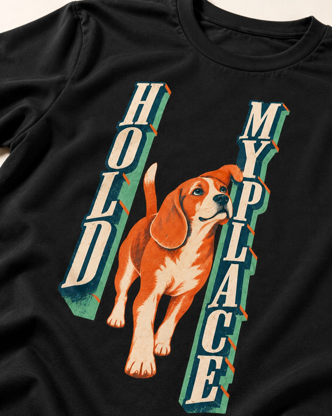 Vintage Beagle Hold My Place T-Shirt in Black, close-up of the graphic