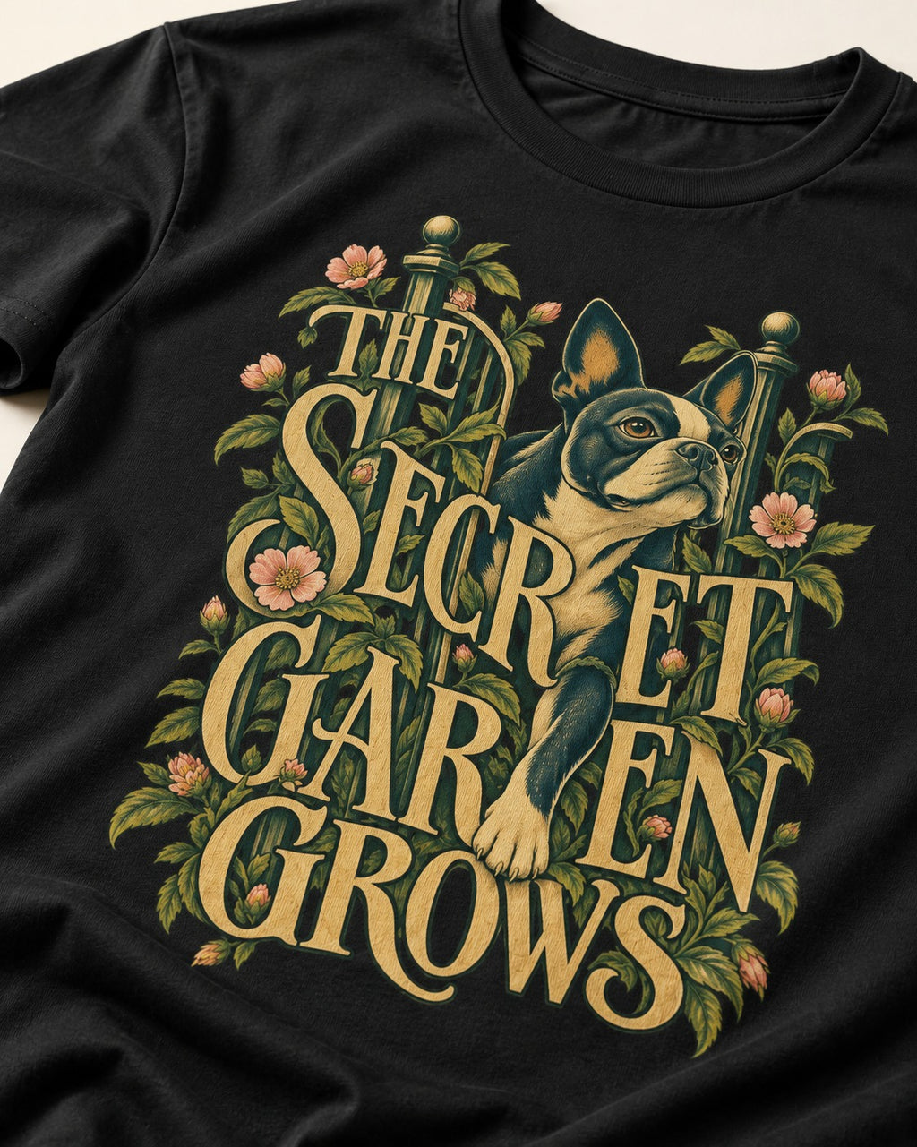 The Secret Garden Grows Boston Terrier T-Shirt in Black, close-up of the graphic