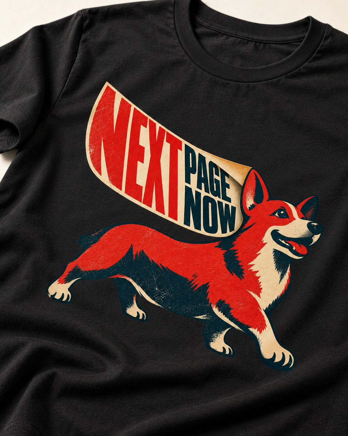 Corgi Next Page Now Pennant Graphic T-Shirt in Black, close-up of the graphic