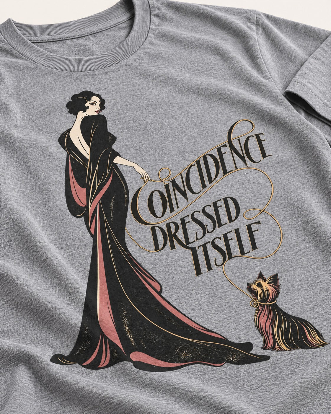 Yorkshire Terrier Coincidence Dressed Itself Art Deco Graphic T-Shirt in Sport Grey, close-up of the graphic