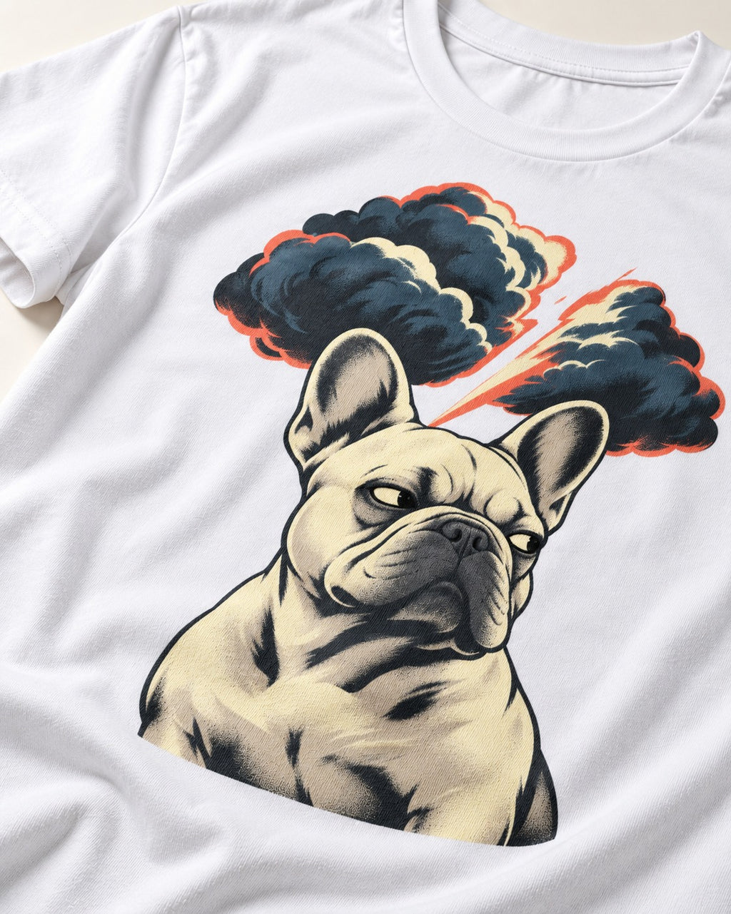 Frenchie Storm Warning T-Shirt in White, close-up of the graphic