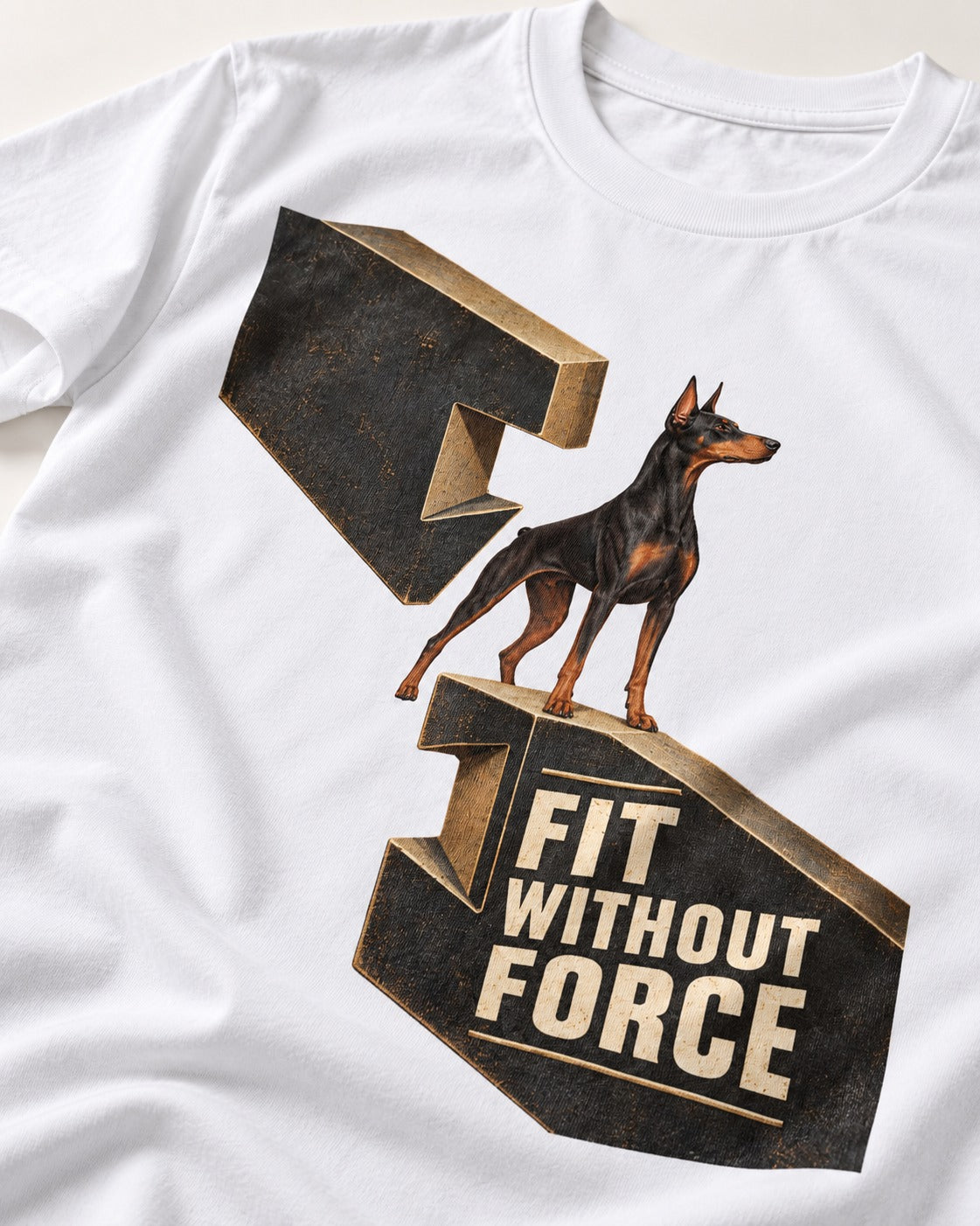 Doberman Fit Without Force T-Shirt in White, close-up of the graphic
