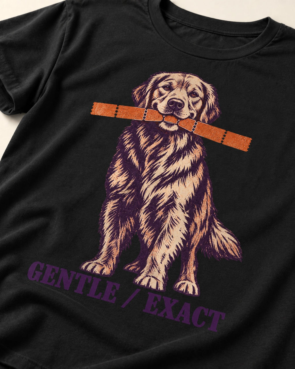 Golden Retriever Gentle Exact Paper Bridge Graphic T-Shirt in Black, close-up of the graphic