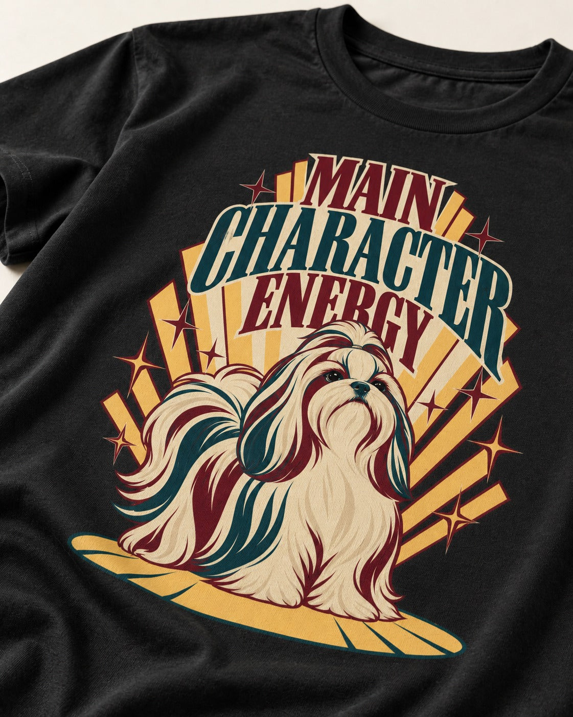 Shih Tzu Main Character Energy Art Deco Graphic T-Shirt in Black, close-up of the graphic