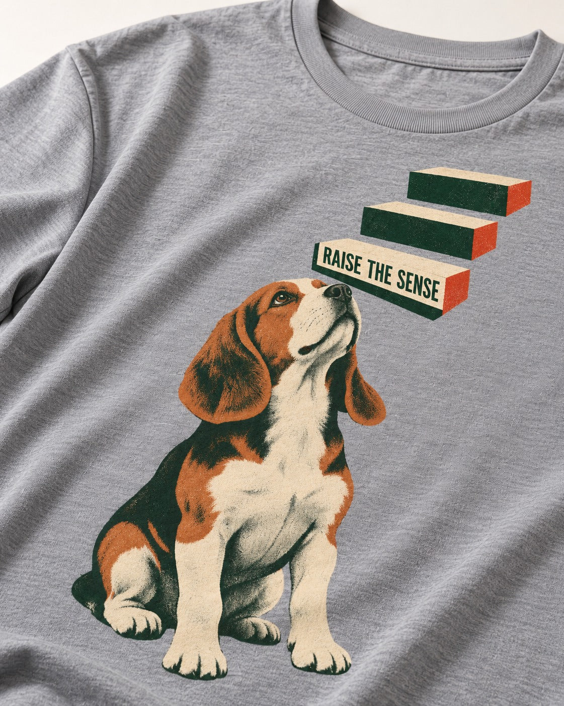 Raise The Sense Beagle Scent Hound T-Shirt in Sport Grey, close-up of the graphic