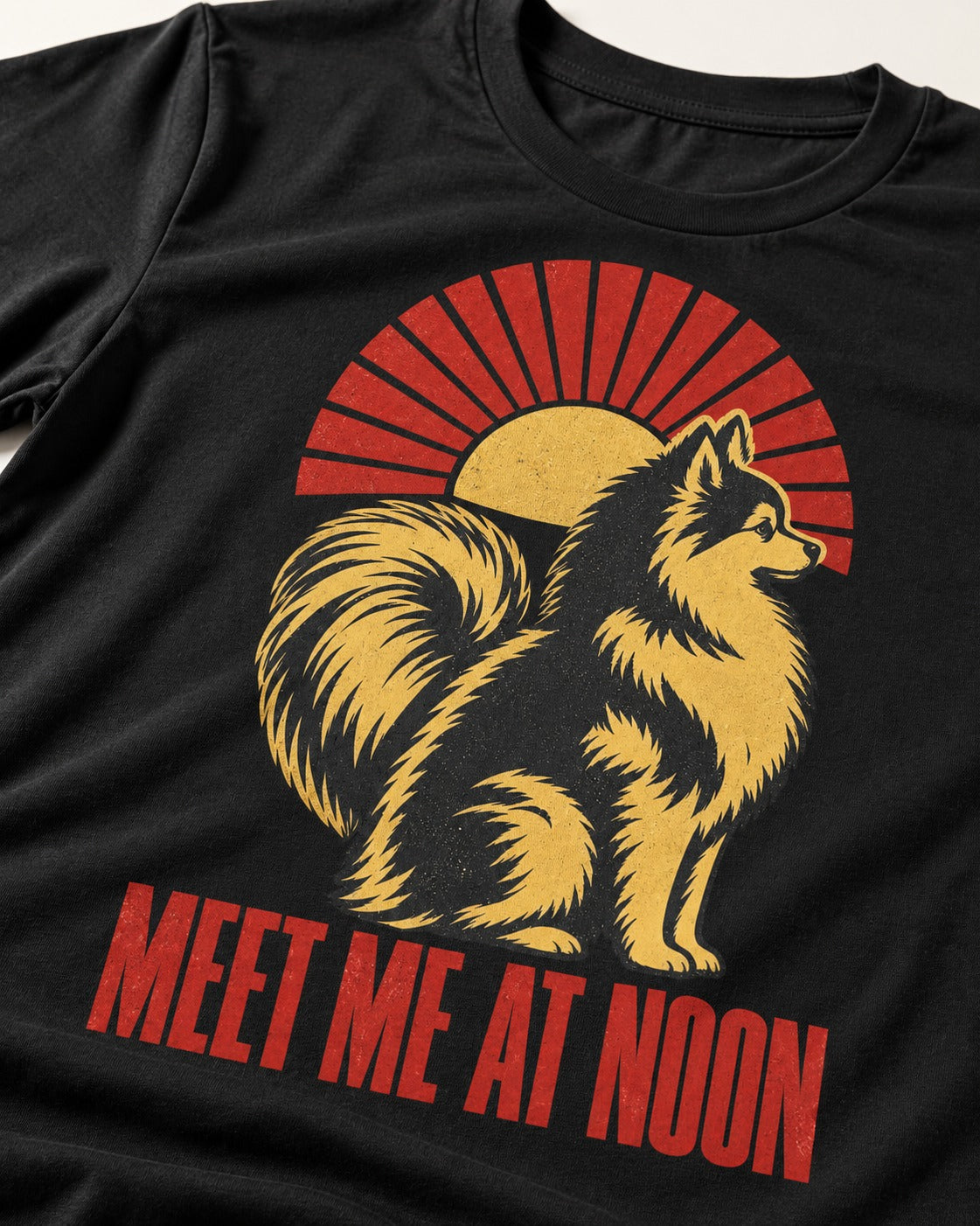 Pomeranian Meet Me at Noon Sunburst Graphic T-Shirt in Black, close-up of the graphic