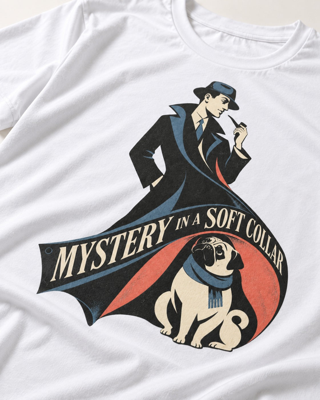 Pug Soft Collar Mystery T-Shirt in White, close-up of the graphic