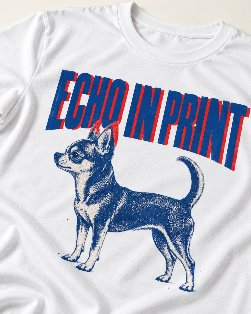Chihuahua Echo T-Shirt in White, close-up of the graphic