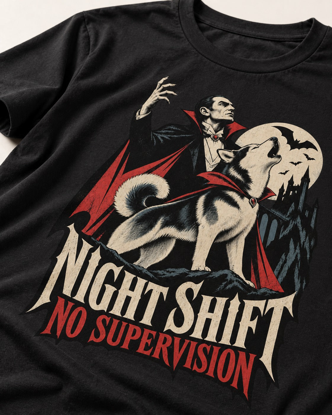 Husky Night Shift No Supervision Vampire Graphic T-Shirt in Black, close-up of the graphic