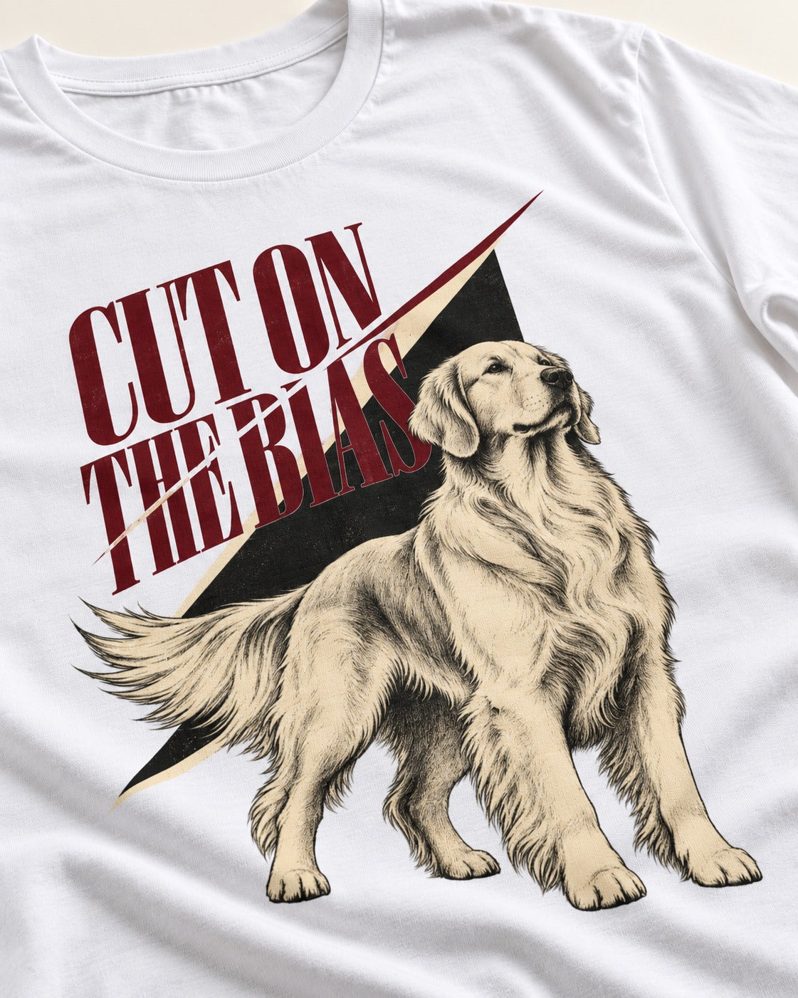 Cut on the Bias Golden Retriever T-Shirt in White, close-up of the graphic