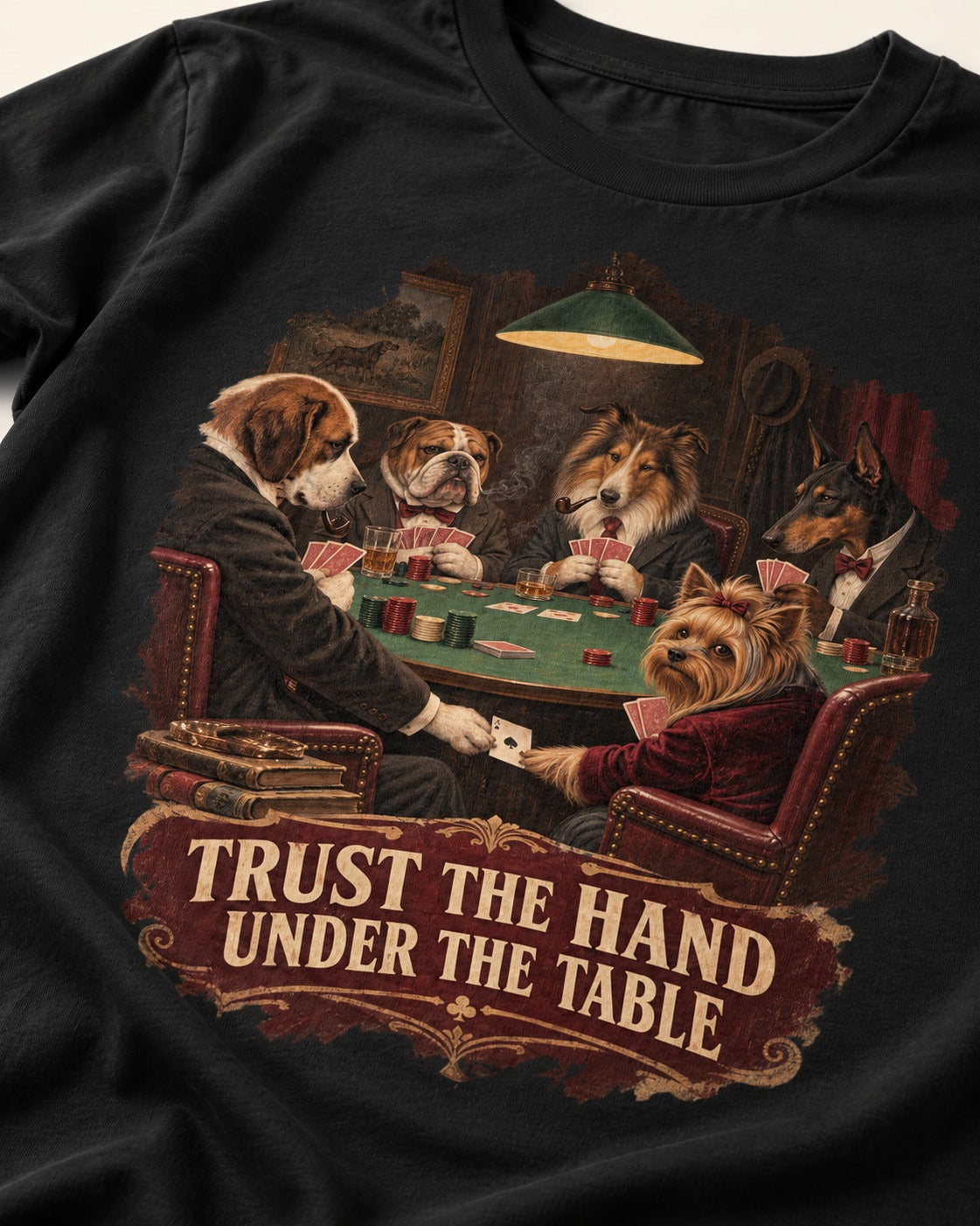 Yorkshire Terrier Trust the Hand Under the Table Poker Dogs Graphic T-Shirt in Black, close-up of the graphic