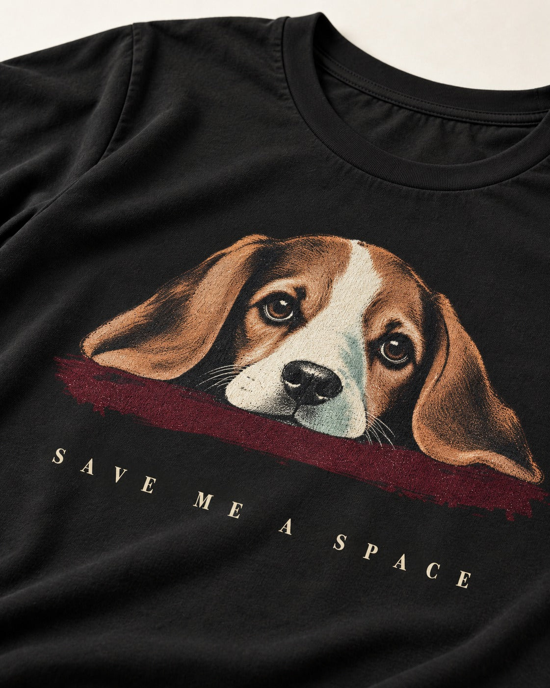 Save Me A Space Beagle T-Shirt in Black, close-up of the graphic