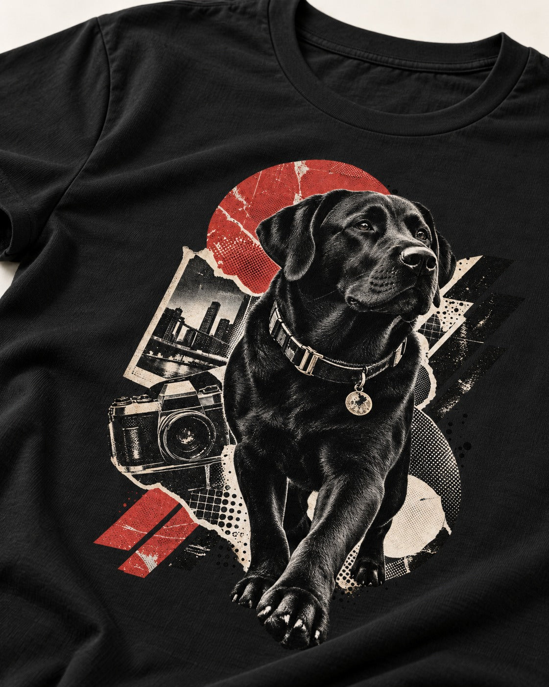 Labrador Retriever Camera City Halftone Collage Graphic T-Shirt in Black, close-up of the graphic