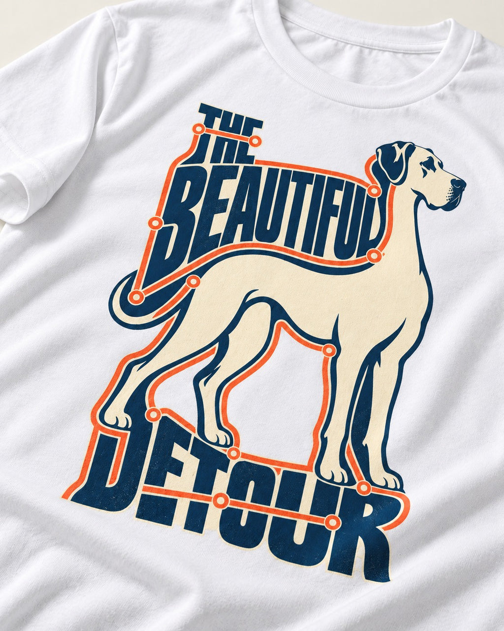Great Dane's Beautiful Detour T-Shirt in White, close-up of the graphic