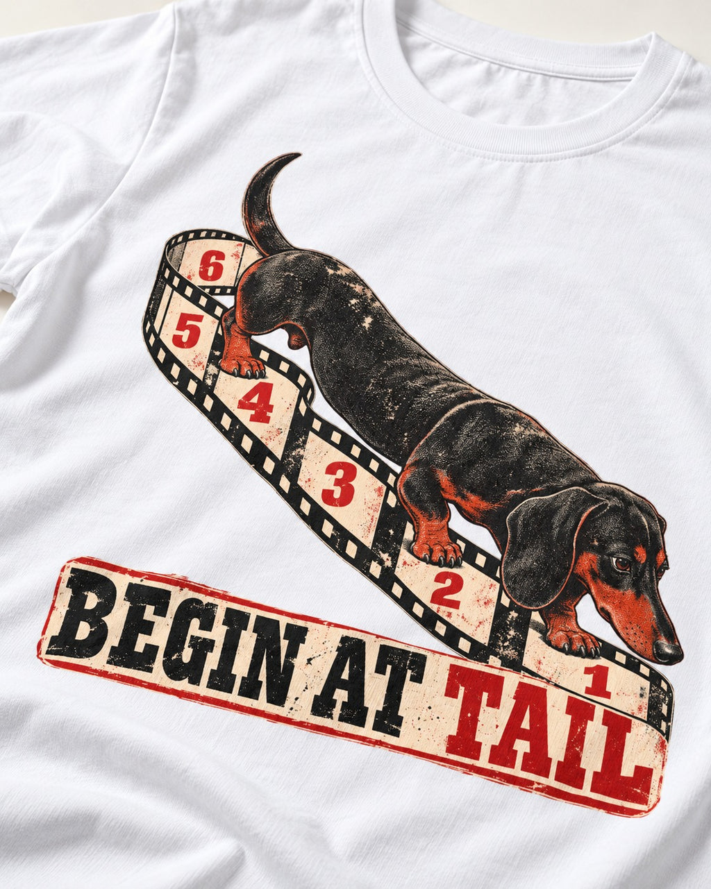 Begin at Tail Dachshund T-Shirt in White, close-up of the graphic