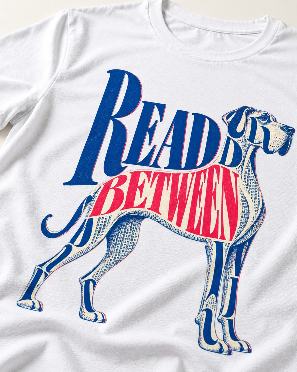 Read Between the Lines Great Dane T-Shirt in White, close-up of the graphic