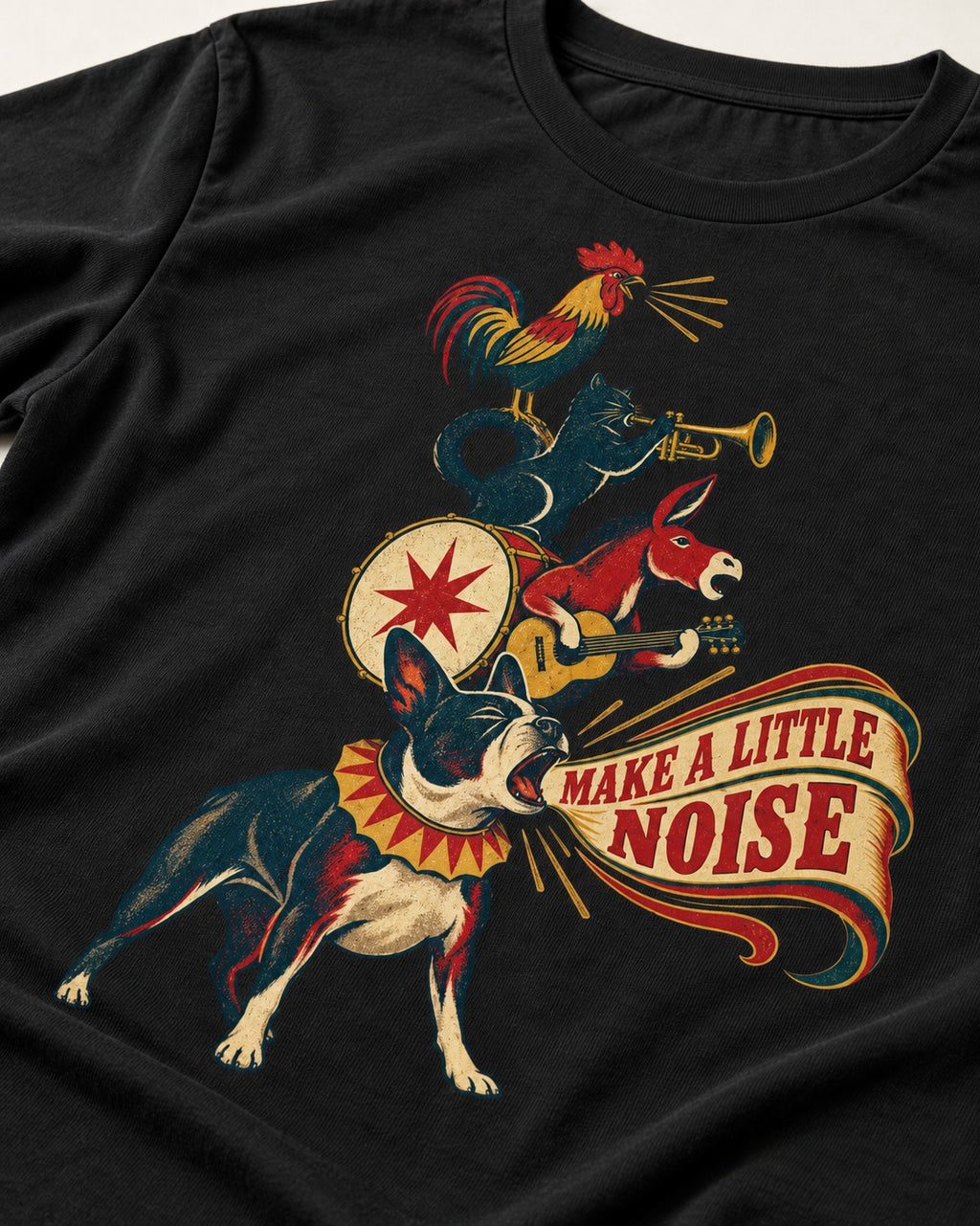 Boston Terrier Make A Little Noise T-Shirt in Black, close-up of the graphic