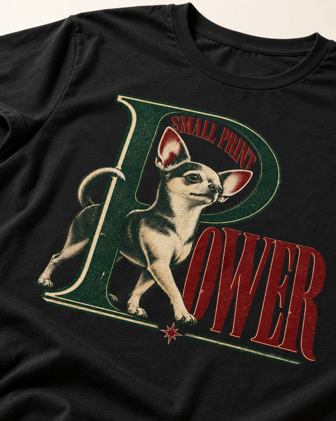 Chihuahua Small Print Power Monogram Graphic T-Shirt in Black, close-up of the graphic