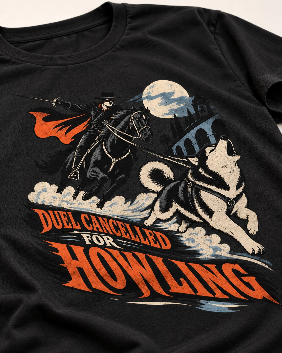 Husky Duel Cancelled for Howling Masked Rider Graphic T-Shirt in Black, close-up of the graphic