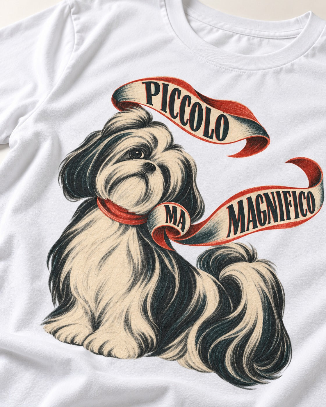 Piccolo Ma Magnifico Shih Tzu T-Shirt in White, close-up of the graphic
