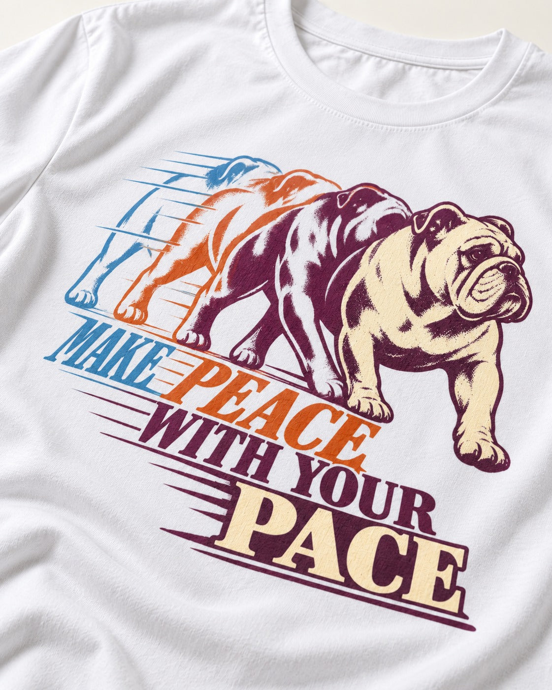English Bulldog Peace with Your Pace T-Shirt in White, close-up of the graphic